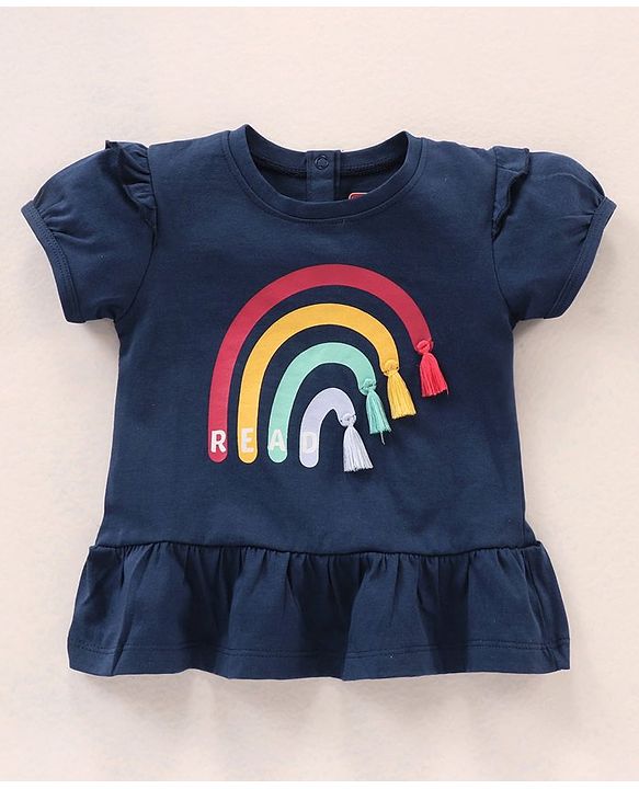 Babyhug Puff Sleeves Cotton Knit Rainbow Print Top with Frill & Tassel Detailing- Navy Blue