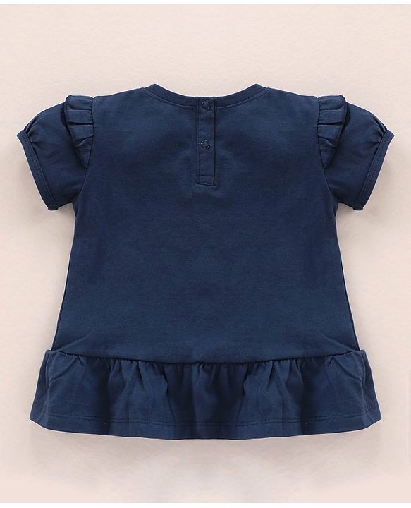 Babyhug Puff Sleeves Cotton Knit Rainbow Print Top with Frill & Tassel Detailing- Navy Blue