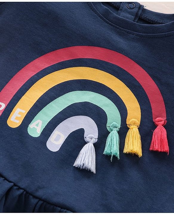Babyhug Puff Sleeves Cotton Knit Rainbow Print Top with Frill & Tassel Detailing- Navy Blue