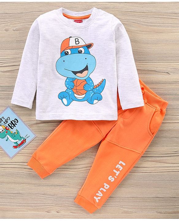 Babyhug Full Sleeves T-Shirt & Joggers Set Dino & Text Print - Orange Melange White