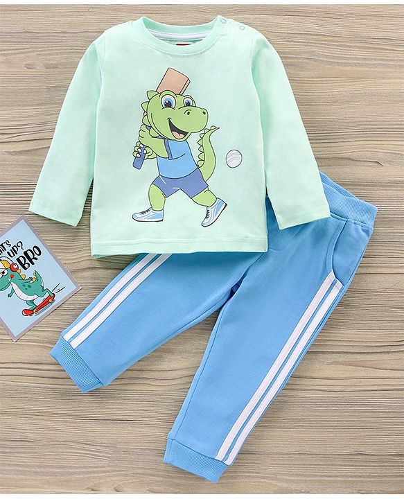 Babyhug Full Sleeves T-Shirt & Joggers Set Dino Print - Light Green Blue