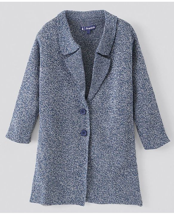 Pine Kids Full Sleeves Front Open Long Sweater Jacket Medium Winter Solid- Blue