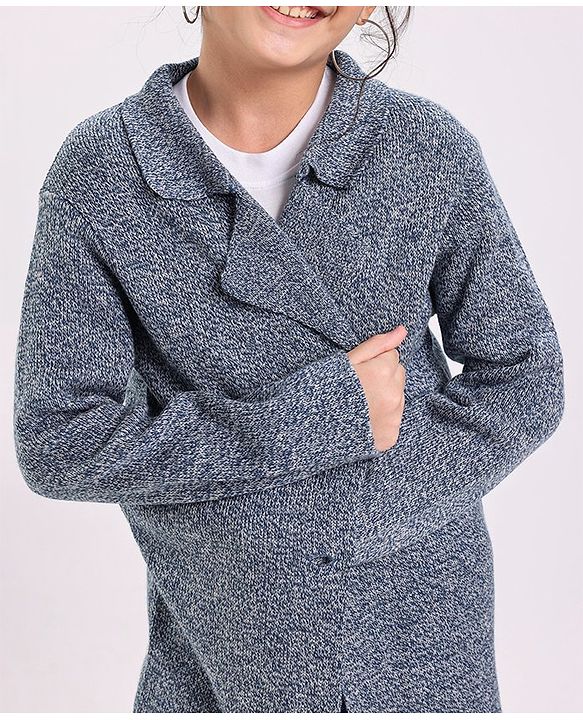 Pine Kids Full Sleeves Front Open Long Sweater Jacket Medium Winter Solid- Blue