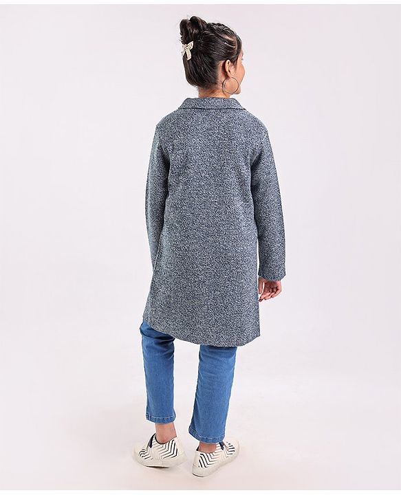 Pine Kids Full Sleeves Front Open Long Sweater Jacket Medium Winter Solid- Blue
