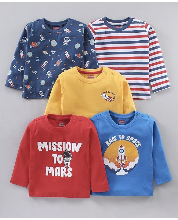 Babyhug Cotton Knit Full Sleeves T-Shirts Multi-Print Pack of 5 - Multicolour