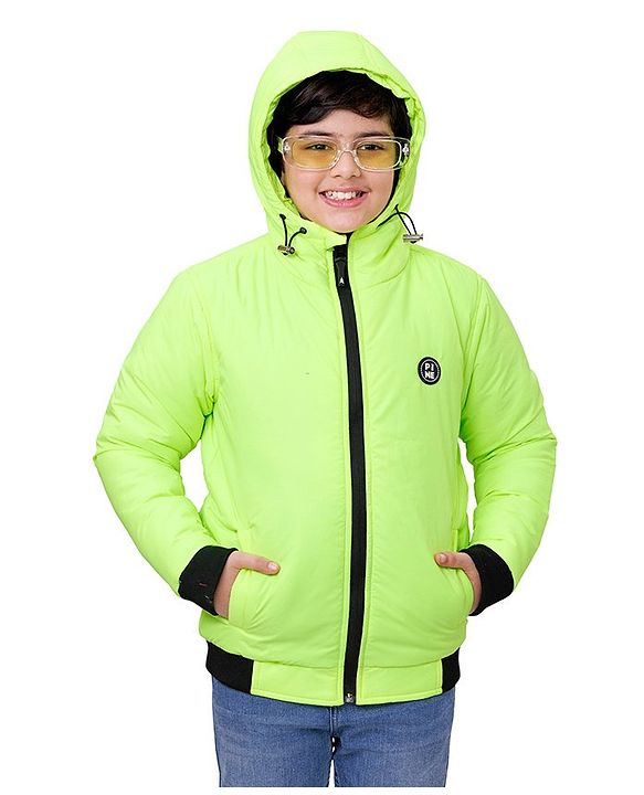 Pine Kids Full Sleeves Moderate Winter Solid Puffed Hooded Jacket - Green