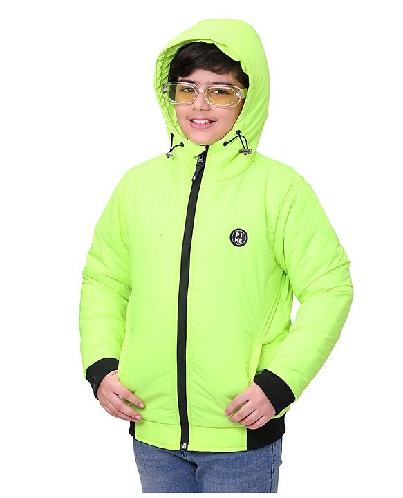 Pine Kids Full Sleeves Moderate Winter Solid Puffed Hooded Jacket - Green