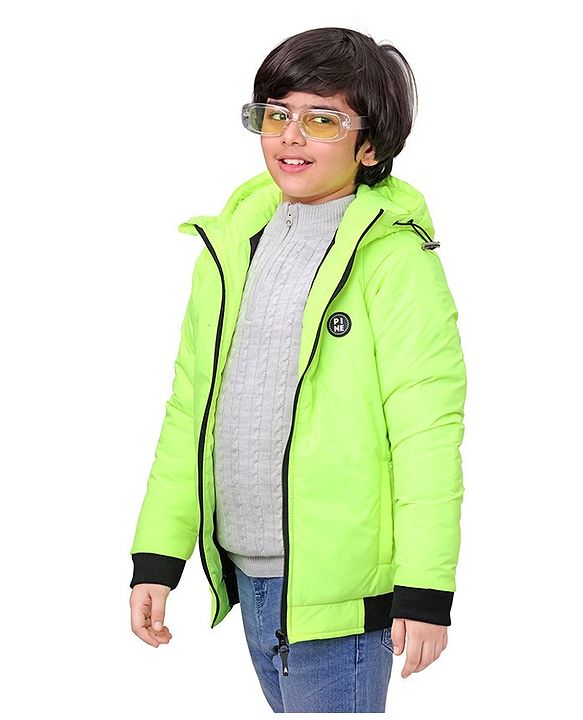 Pine Kids Full Sleeves Moderate Winter Solid Puffed Hooded Jacket - Green