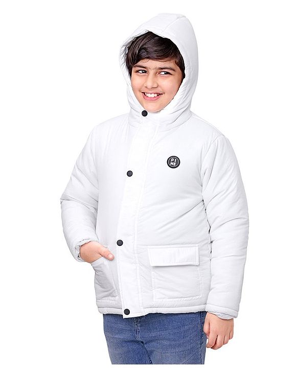 Pine Kids Full Sleeves Moderate Winter Solid Puffed Hooded Jacket - White