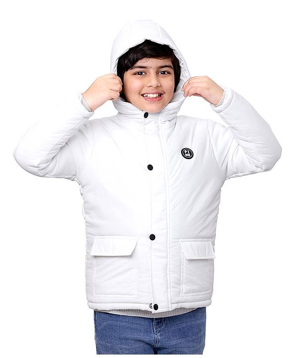 Pine Kids Full Sleeves Moderate Winter Solid Puffed Hooded Jacket - White