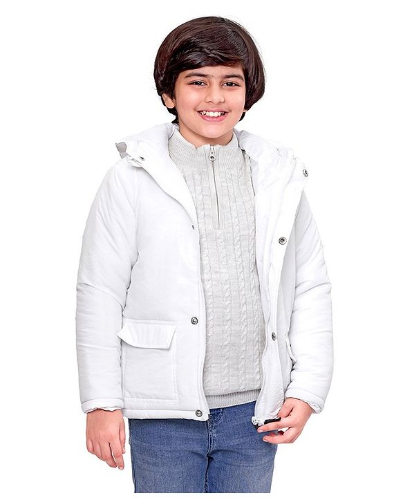 Pine Kids Full Sleeves Moderate Winter Solid Puffed Hooded Jacket - White