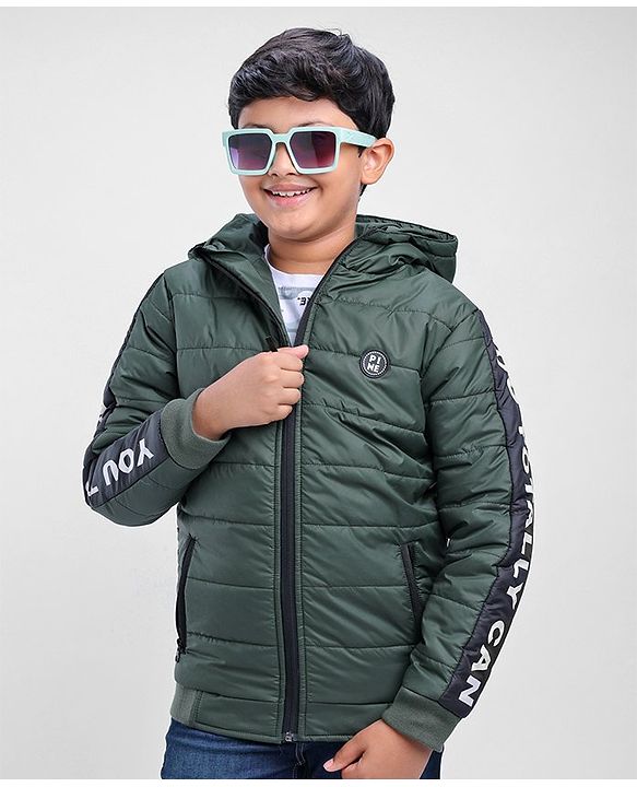 Pine Kids Full Sleeves Padded Jacket with Hood for Moderate Winter - Olive Green