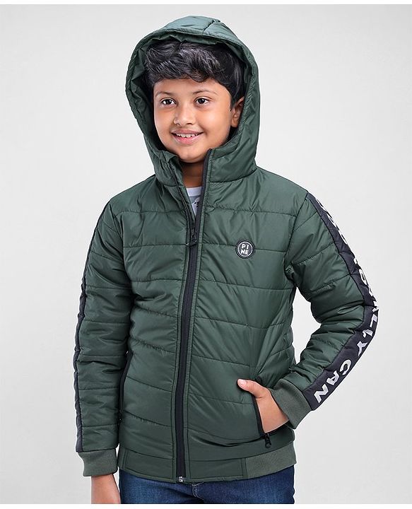 Pine Kids Full Sleeves Padded Jacket with Hood for Moderate Winter - Olive Green
