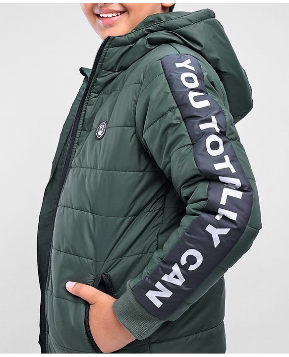 Pine Kids Full Sleeves Padded Jacket with Hood for Moderate Winter - Olive Green
