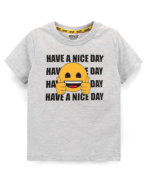 Pine Kids Half Sleeves Biowashed T-Shirt Emoji Print - Grey