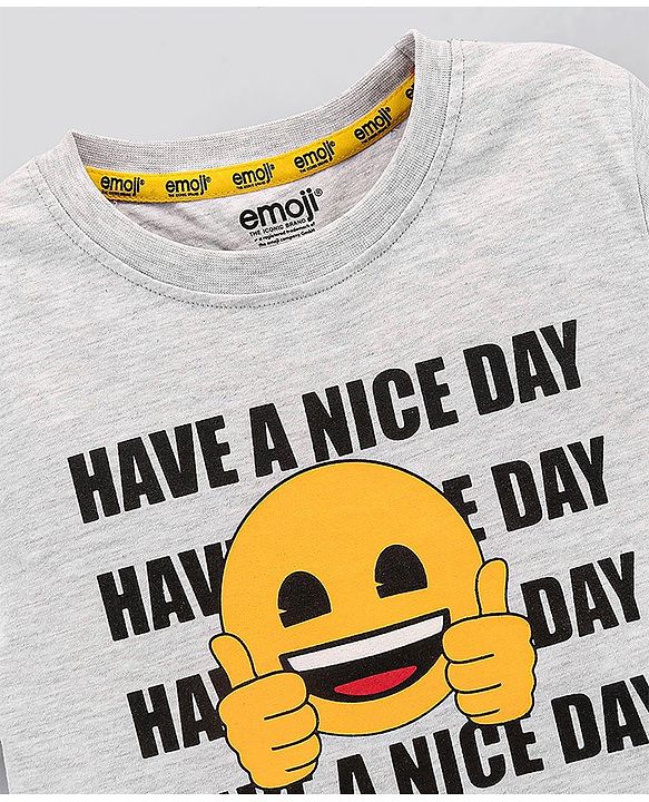 Pine Kids Half Sleeves Biowashed T-Shirt Emoji Print - Grey