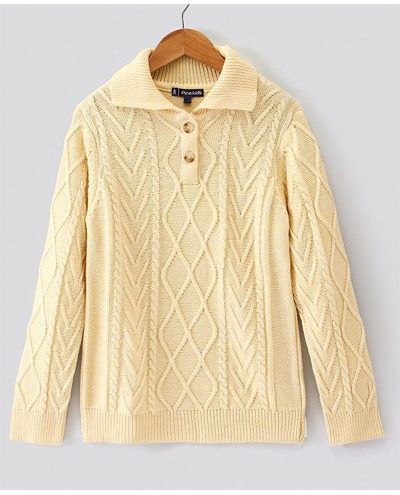 Pine Kids Full Sleeves Cable Structure Sweater With Collar Medium Winter Solid- Beige