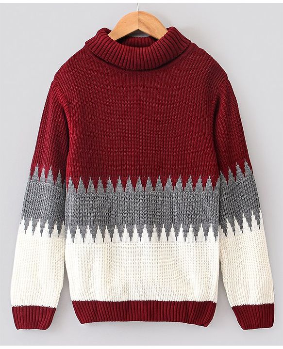 Pine Kids Full Sleeves Turtle Neck Jacquard Pullover Medium Winter Block Design Sweater- Multicolor
