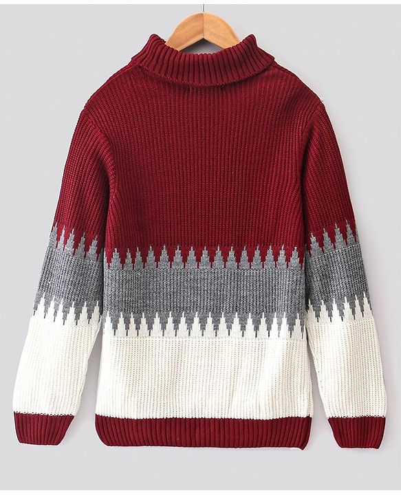 Pine Kids Full Sleeves Turtle Neck Jacquard Pullover Medium Winter Block Design Sweater- Multicolor