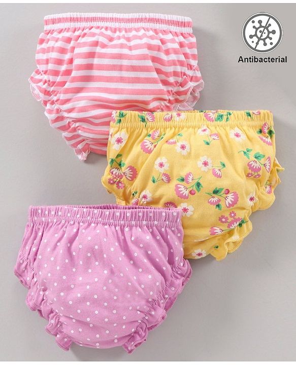 Babyhug 100% Cotton Antibacterial Bloomers Striped And Floral Print Pack of 3 - Pink Yellow Purple