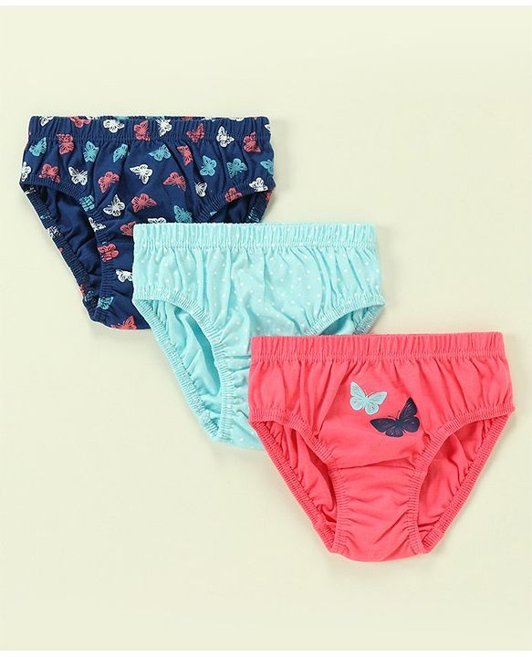 Babyhug 100% Cotton Antibacterial Stripes & Butterfly Print Panties Pack Of 3 - Multicolor