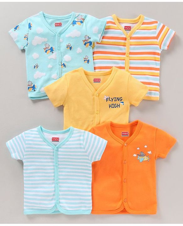 Babyhug 100% Cotton Half Sleeves Bear Printed & Striped Vests Pack Of 5 - Multicolour