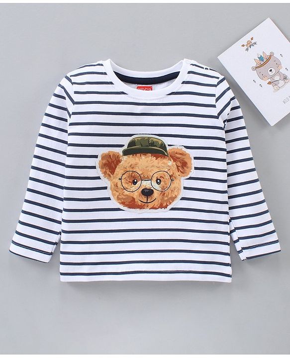 Babyhug Full Sleeves Cotton Striped T-Shirt With Applique- White Navy Blue