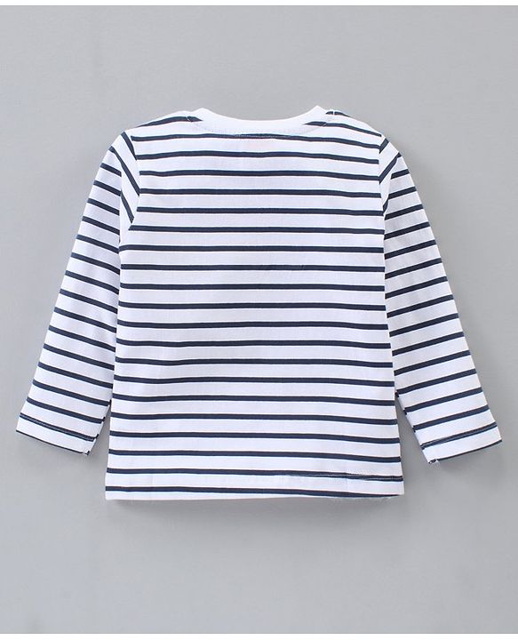 Babyhug Full Sleeves Cotton Striped T-Shirt With Applique- White Navy Blue