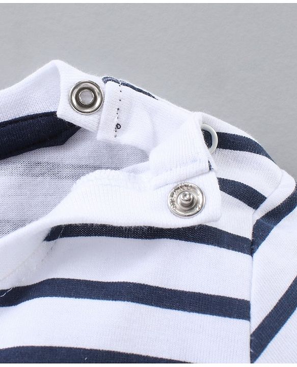 Babyhug Full Sleeves Cotton Striped T-Shirt With Applique- White Navy Blue
