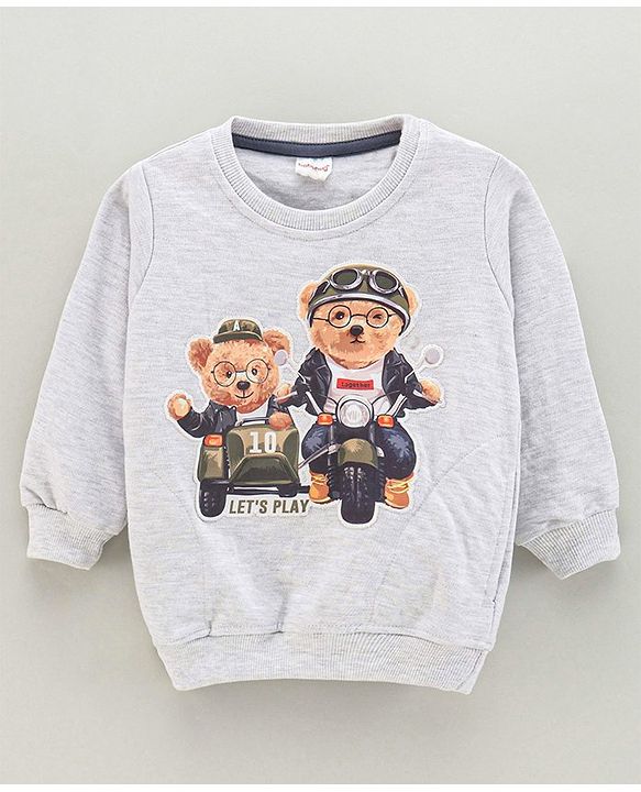 Babyhug Full Sleeves Knit Sweatshirt With Animal Applique- White Melange