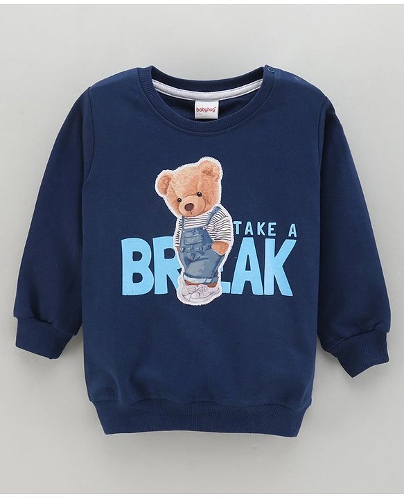 Babyhug Full Sleeves Knit Sweatshirt With Bear Applique & Text Print- Blue