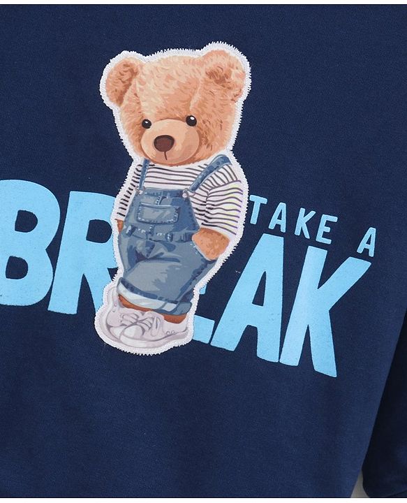 Babyhug Full Sleeves Knit Sweatshirt With Bear Applique & Text Print- Blue