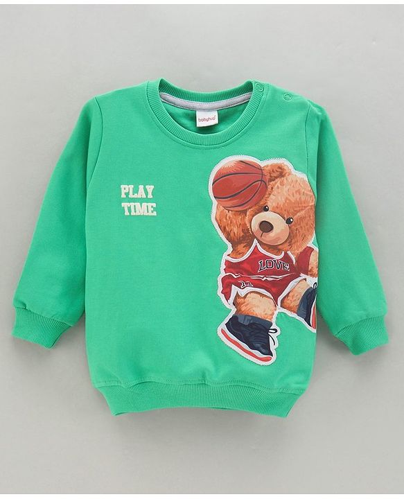 Babyhug Full Sleeves Cotton Knit Sweatshirt With Teddy Bear Applique - Green