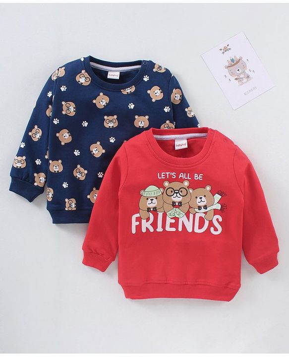 Babyhug Pack of 2 Full Sleeves Cotton Knit Sweatshirts With Bear Print  - Multicolor