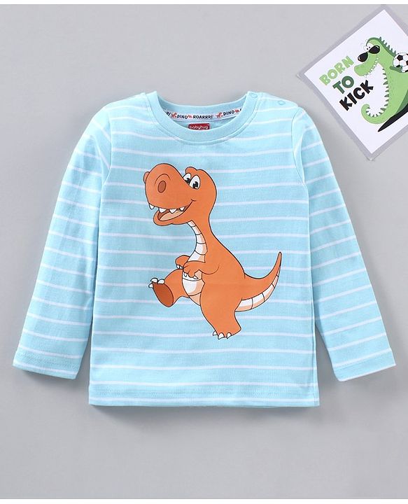 Babyhug Full Sleeves Cotton T-Shirt Stripes & Dino Print- Blue White
