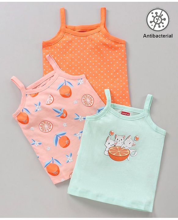 Babyhug 100% Cotton Antibacterial Sleeveless Slips Oranges Print Pack of 3 - Orange Peach Sky Blue