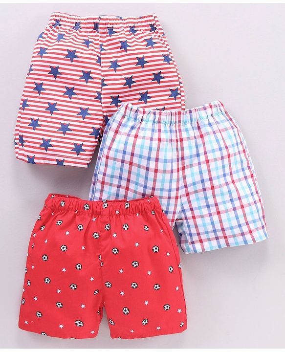 Babyhug Cotton Woven Boxers Multi-Print Pack of 3 - Red Blue