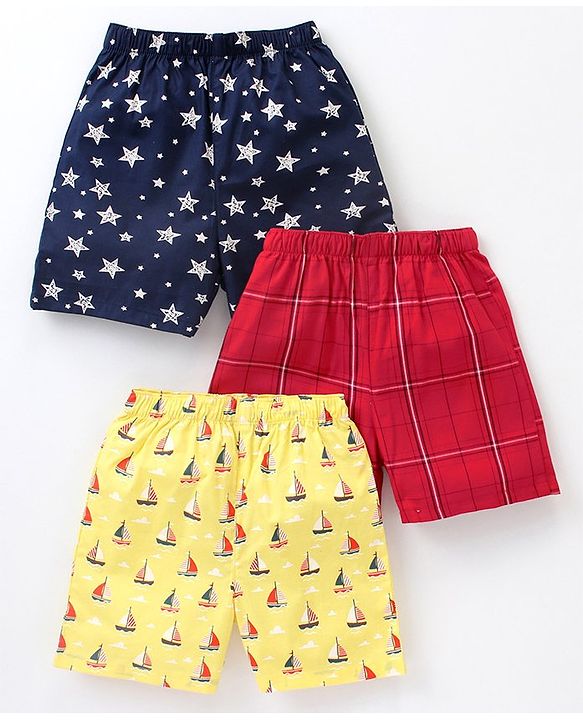 Babyhug Cotton Woven Star Printed & Checks Boxers Pack Of 3 - Multicolour