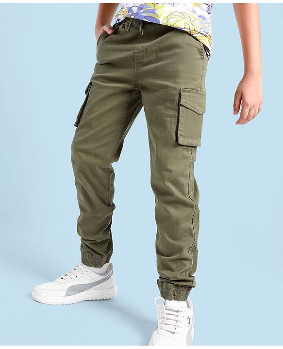 Pine Kids Cotton Woven Full Length Joggers with Cargo Pockets Solid - Olive