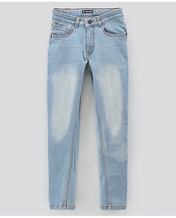 Pine Kids Full Length Washed Solid Color Stretchable Denim Jeans - Light Blue