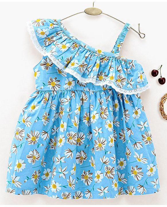 Babyhug 100% Cotton One Shoulder Frock Floral Print - Blue