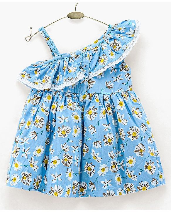 Babyhug 100% Cotton One Shoulder Frock Floral Print - Blue