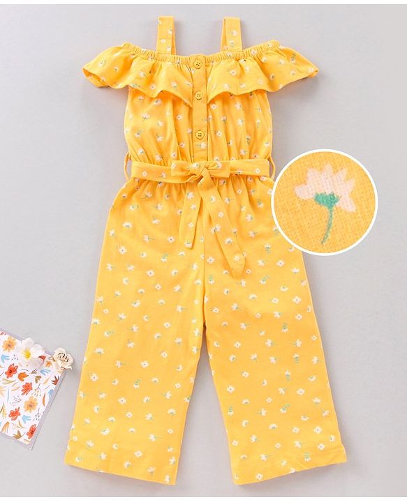 Babyhug 100% Cotton Cold Shoulder Jumpsuit Flower Print - Yellow