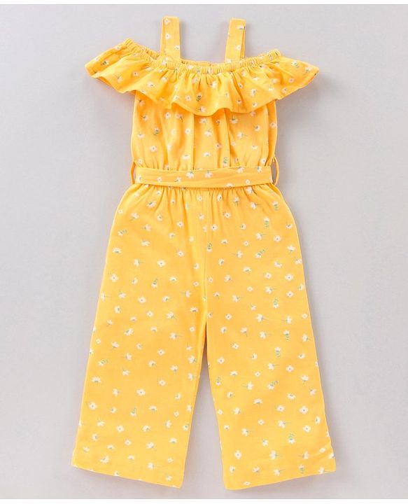 Babyhug 100% Cotton Cold Shoulder Jumpsuit Flower Print - Yellow