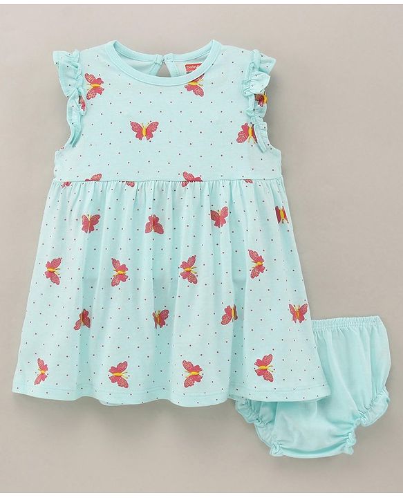 Babyhug 100% Cotton Short Sleeves Butterfly Printed Frock With Bloomer - Mint
