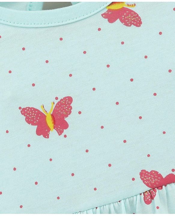 Babyhug 100% Cotton Short Sleeves Butterfly Printed Frock With Bloomer - Mint