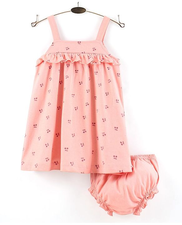 Babyhug 100% Cotton Singlet Cherry Print Frock With Bloomer - Light Pink