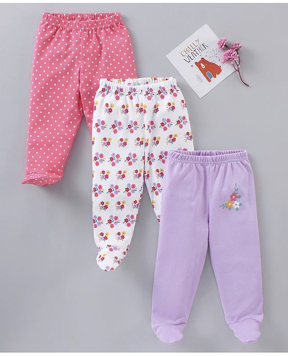 Babyhug Full Length Cotton Bootie Leggings Floral & Dot Print Pack Of 3- Multicolor