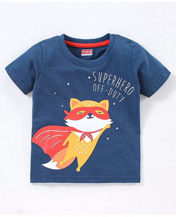 Babyhug 100% Cotton Knit Half Sleeves Night Suit Fox Print - Navy Blue & Red