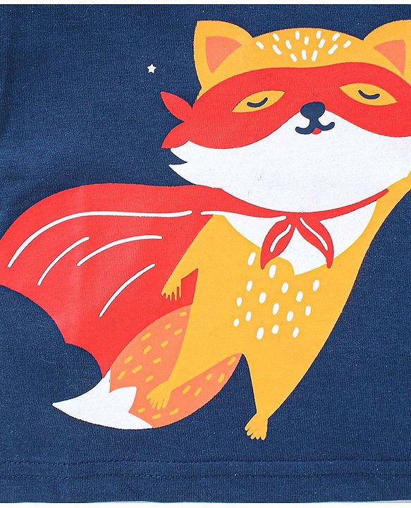 Babyhug 100% Cotton Knit Half Sleeves Night Suit Fox Print - Navy Blue & Red